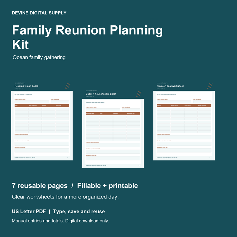 Family Reunion Planning Kit | Fillable PDF Kit cover with actual page previews