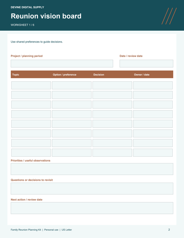 Family Reunion Planning Kit | Fillable PDF Kit worksheet preview 1