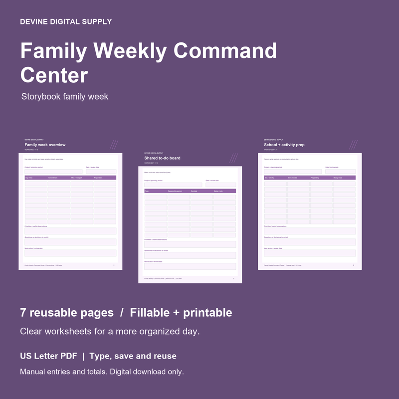Family Weekly Command Center | Fillable PDF Kit cover with actual page previews