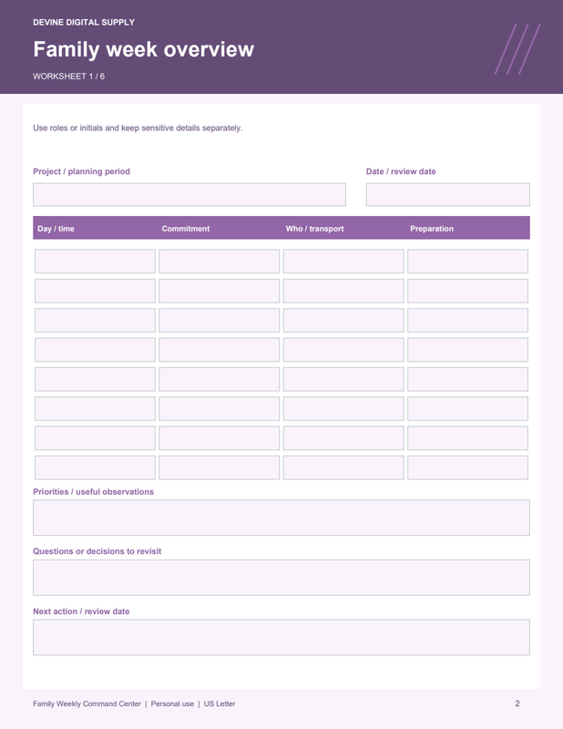 Family Weekly Command Center | Fillable PDF Kit worksheet preview 1