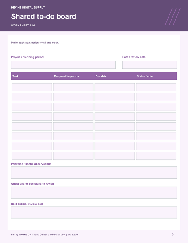 Family Weekly Command Center | Fillable PDF Kit worksheet preview 2