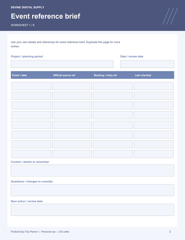 Festival Day-Trip Planner | Fillable PDF + Low-Ink Kit worksheet preview 1