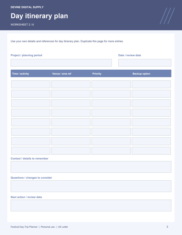 Festival Day-Trip Planner | Fillable PDF + Low-Ink Kit worksheet preview 2