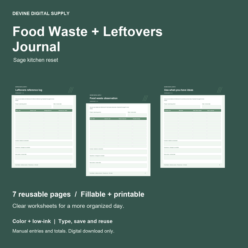 Food Waste + Leftovers Journal | Fillable PDF + Low-Ink Kit cover with actual page previews
