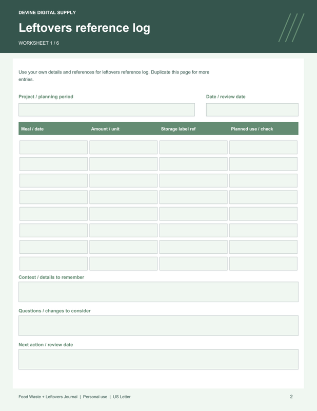 Food Waste + Leftovers Journal | Fillable PDF + Low-Ink Kit worksheet preview 1