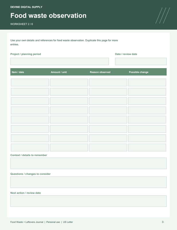 Food Waste + Leftovers Journal | Fillable PDF + Low-Ink Kit worksheet preview 2