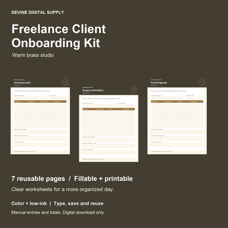 Freelance Client Onboarding Kit | Fillable PDF + Low-Ink Kit cover with actual page previews