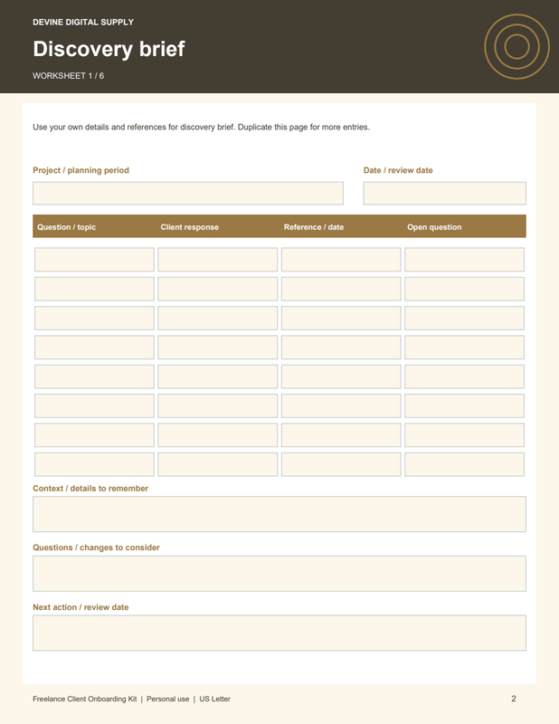 Freelance Client Onboarding Kit | Fillable PDF + Low-Ink Kit worksheet preview 1