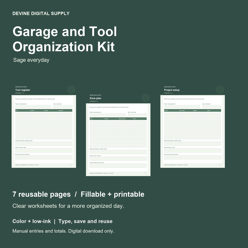 Garage and Tool Organization Kit | Fillable PDF + Low-Ink Kit cover with actual page previews
