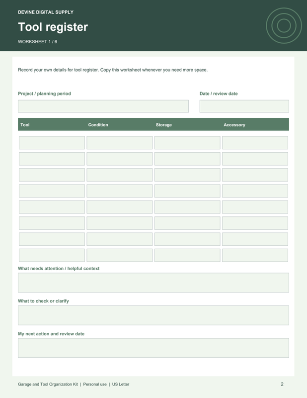 Garage and Tool Organization Kit | Fillable PDF + Low-Ink Kit worksheet preview 1