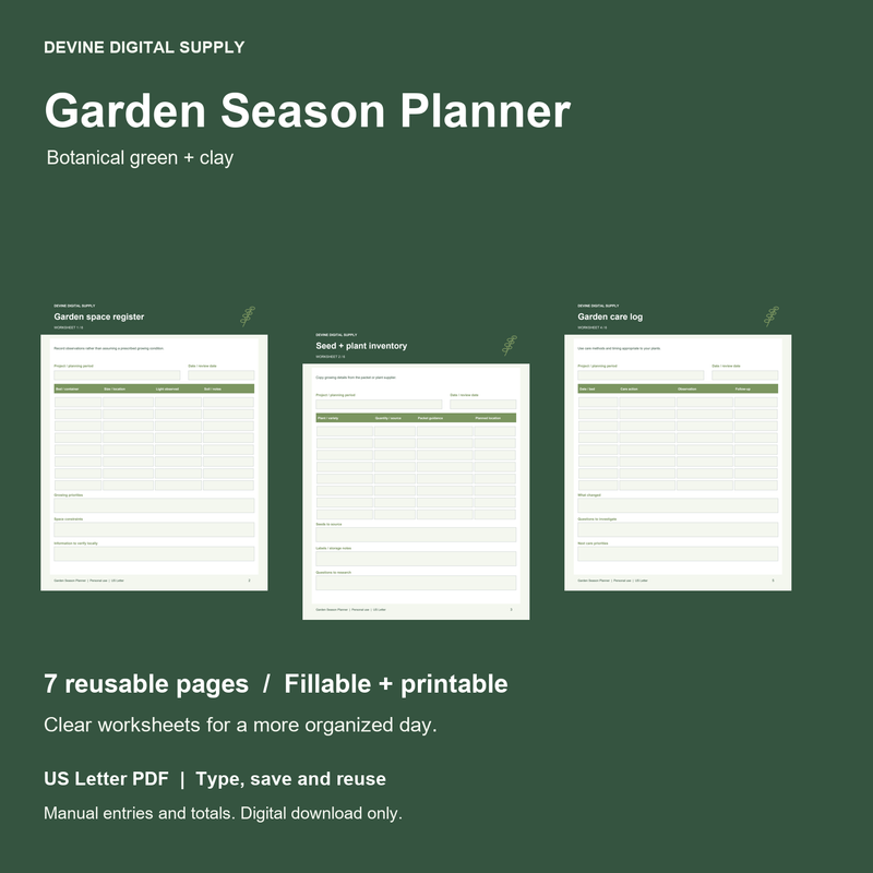 Garden Season Planner | Fillable PDF Kit cover with actual page previews