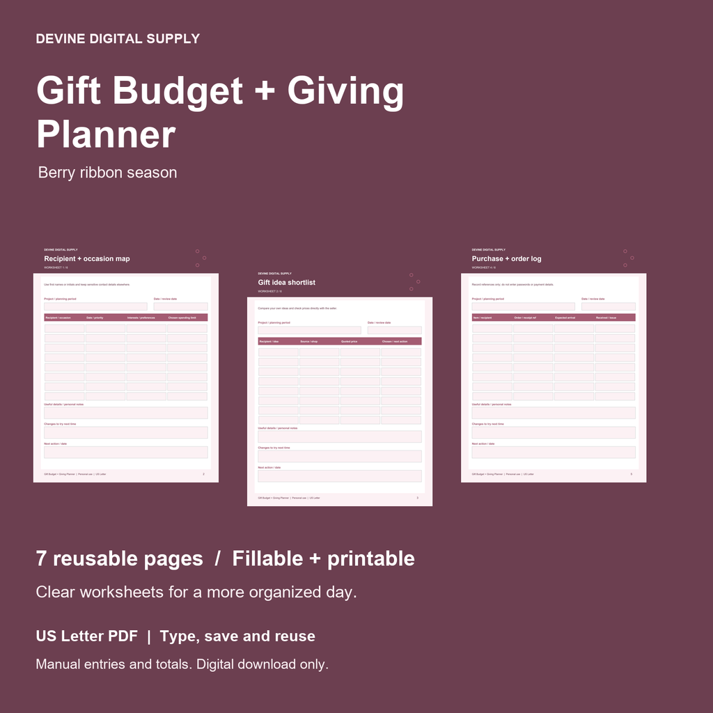 Gift Budget + Giving Planner | Fillable PDF + Low-Ink Kit