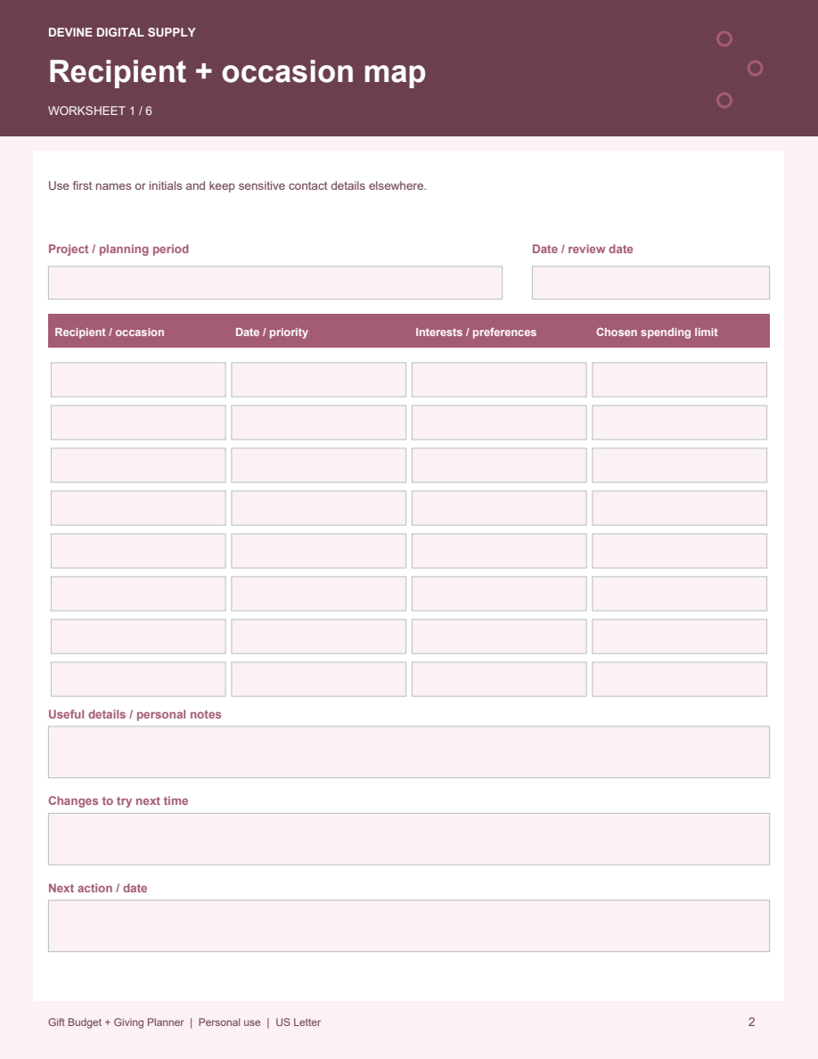 Gift Budget + Giving Planner | Fillable PDF + Low-Ink Kit
