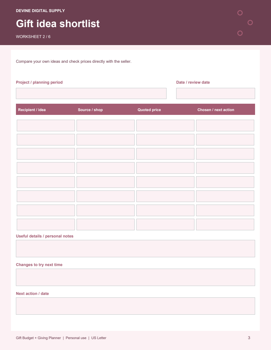 Gift Budget + Giving Planner | Fillable PDF + Low-Ink Kit