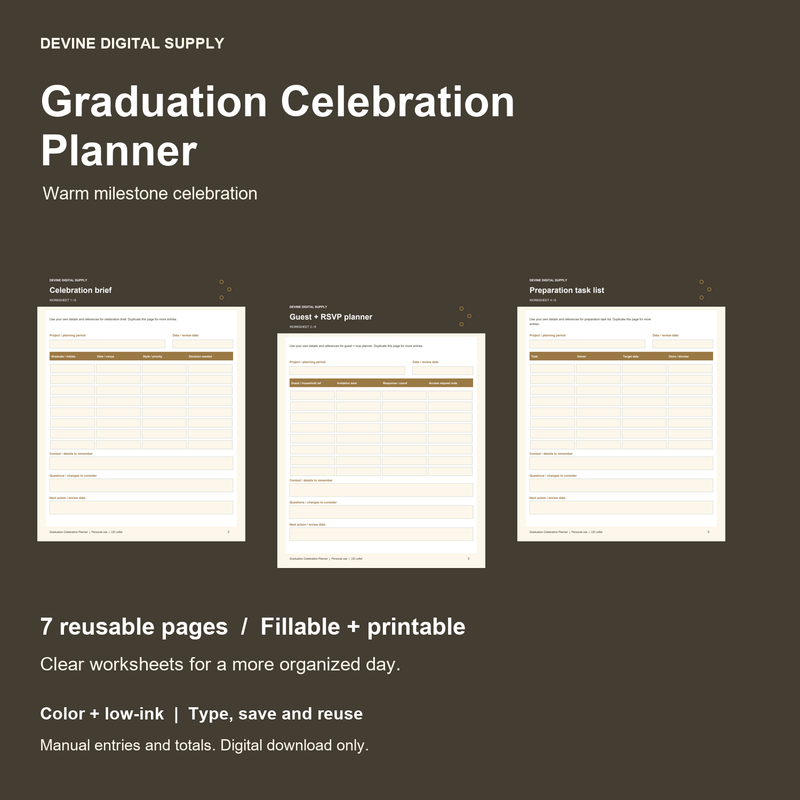 Graduation Celebration Planner | Fillable PDF + Low-Ink Kit cover with actual page previews