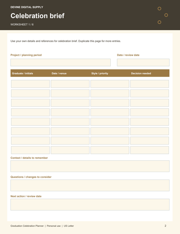 Graduation Celebration Planner | Fillable PDF + Low-Ink Kit worksheet preview 1