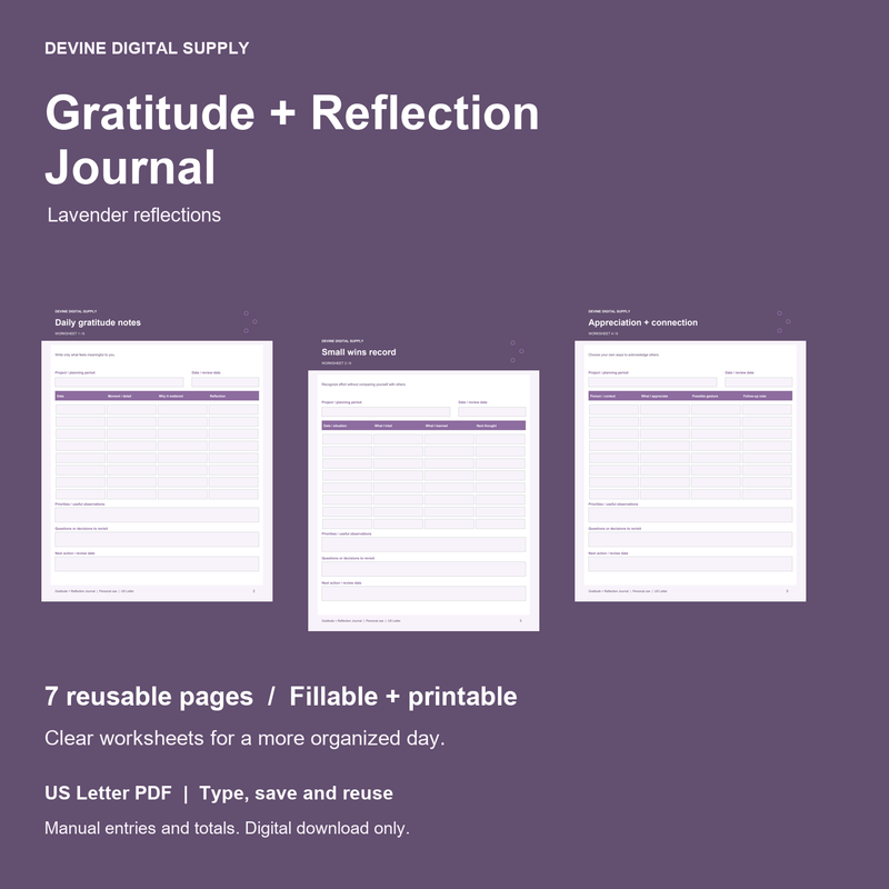 Gratitude + Reflection Journal | Fillable PDF Kit cover with actual page previews