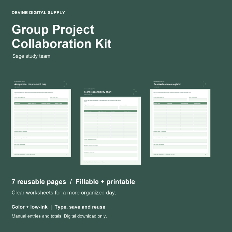 Group Project Collaboration Kit | Fillable PDF + Low-Ink Kit cover with actual page previews