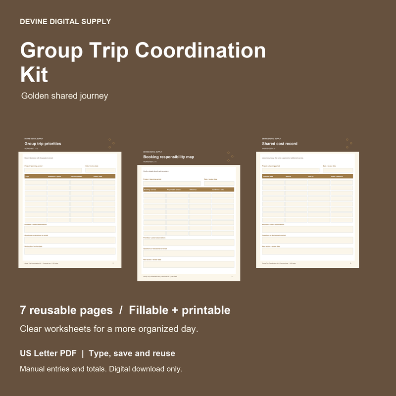 Group Trip Coordination Kit | Fillable PDF Kit cover with actual page previews