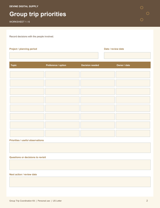 Group Trip Coordination Kit | Fillable PDF Kit worksheet preview 1