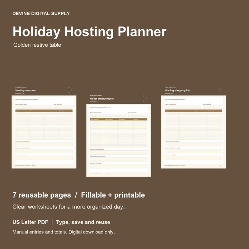 Holiday Hosting Planner | Fillable PDF Kit cover with actual page previews