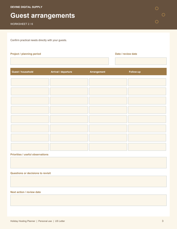 Holiday Hosting Planner | Fillable PDF Kit worksheet preview 2