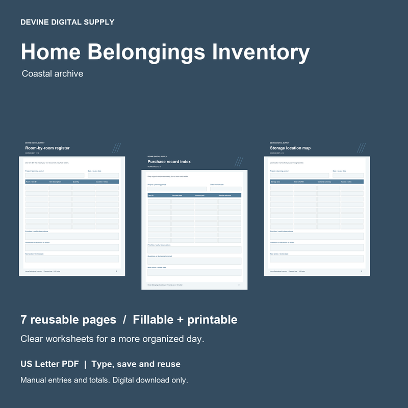 Home Belongings Inventory | Fillable PDF Kit cover with actual page previews