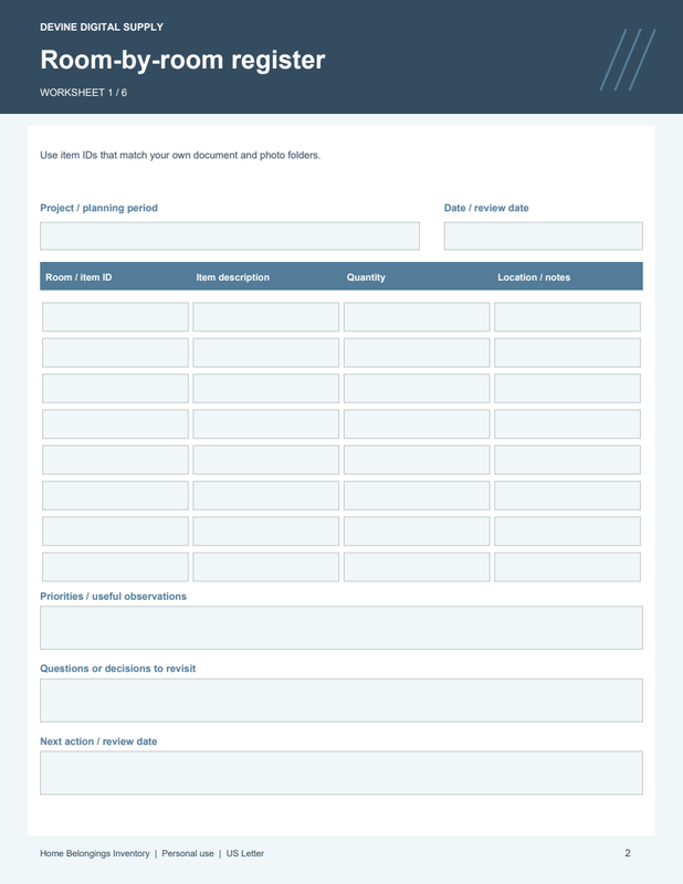 Home Belongings Inventory | Fillable PDF Kit worksheet preview 1