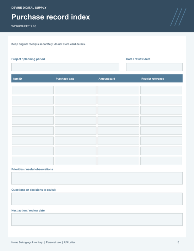 Home Belongings Inventory | Fillable PDF Kit worksheet preview 2
