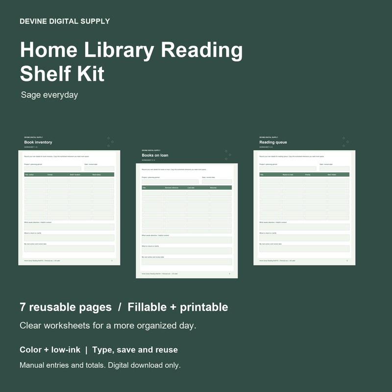 Home Library Reading Shelf Kit | Fillable PDF + Low-Ink Kit cover with actual page previews
