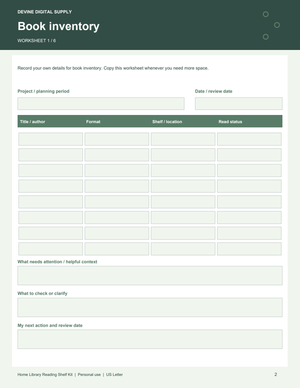 Home Library Reading Shelf Kit | Fillable PDF + Low-Ink Kit worksheet preview 1