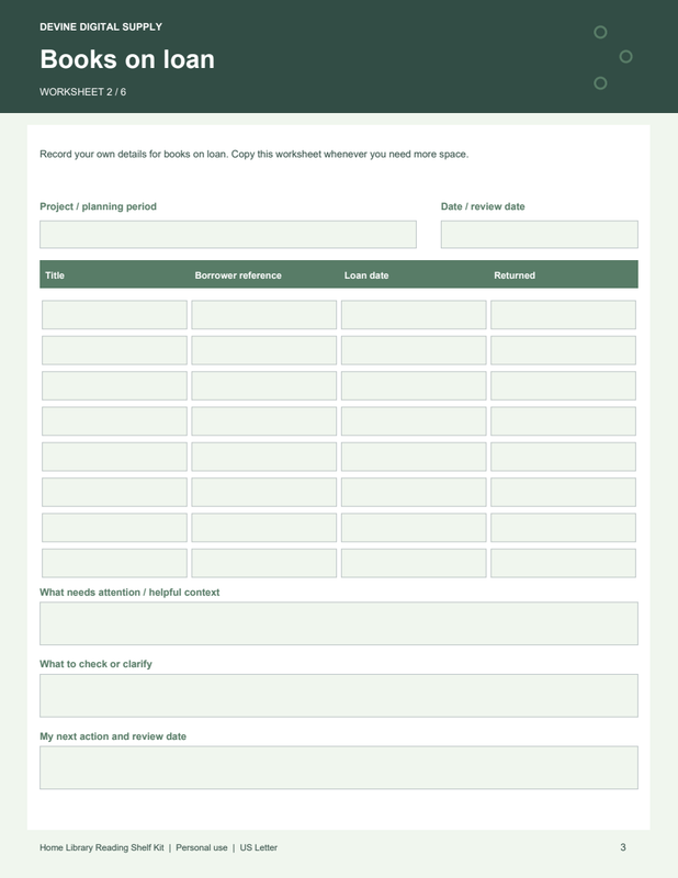 Home Library Reading Shelf Kit | Fillable PDF + Low-Ink Kit worksheet preview 2