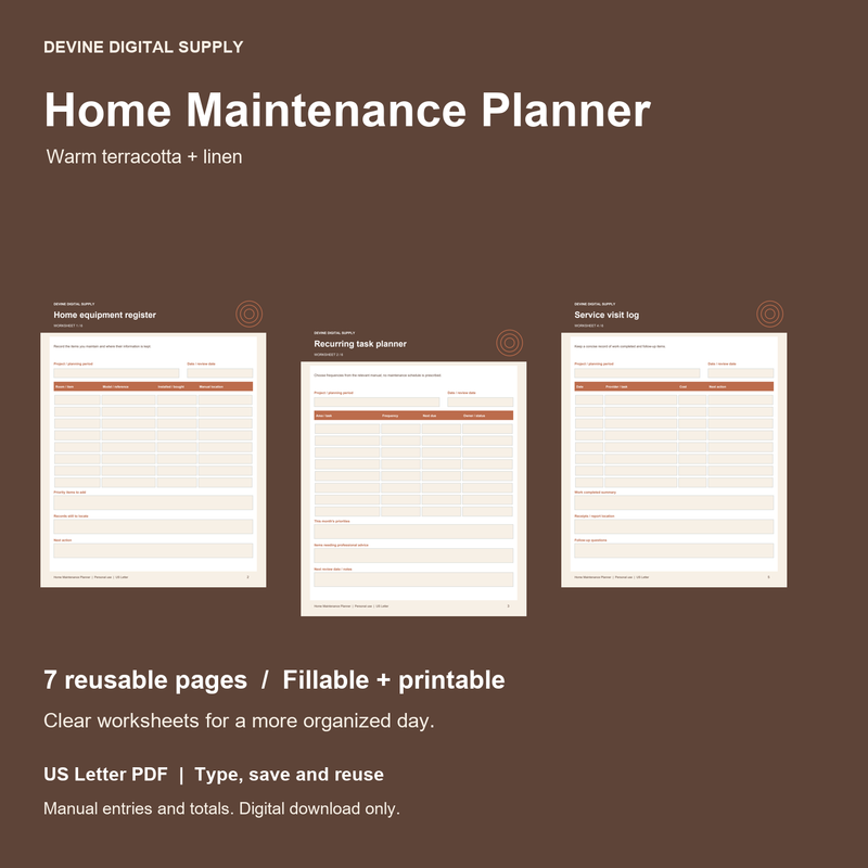 Home Maintenance Planner | Fillable PDF Kit cover with actual page previews