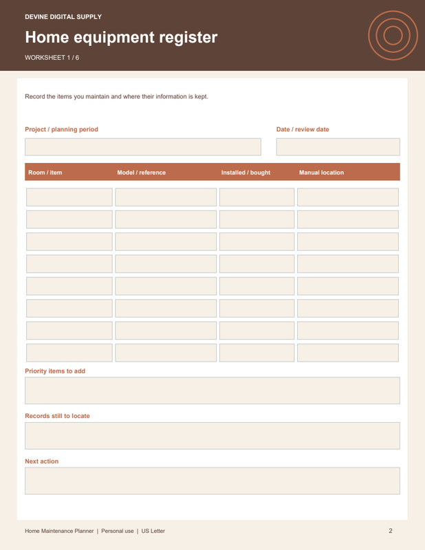 Home Maintenance Planner | Fillable PDF Kit worksheet preview 1