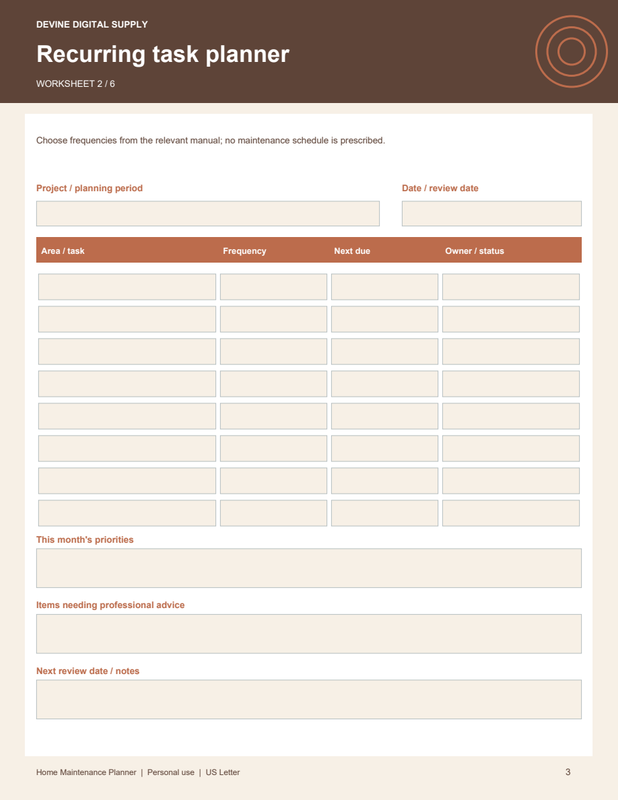 Home Maintenance Planner | Fillable PDF Kit worksheet preview 2