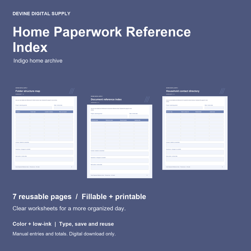 Home Paperwork Reference Index | Fillable PDF + Low-Ink Kit cover with actual page previews