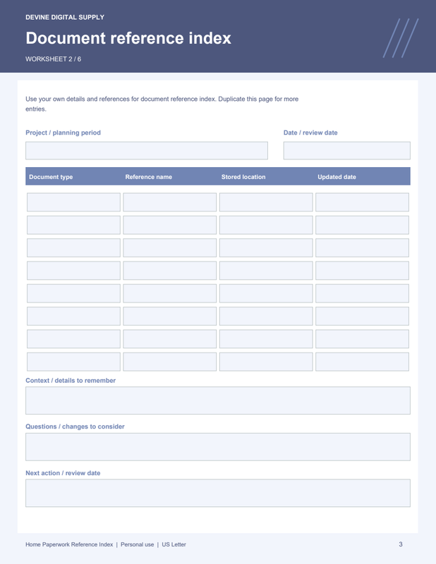 Home Paperwork Reference Index | Fillable PDF + Low-Ink Kit worksheet preview 2