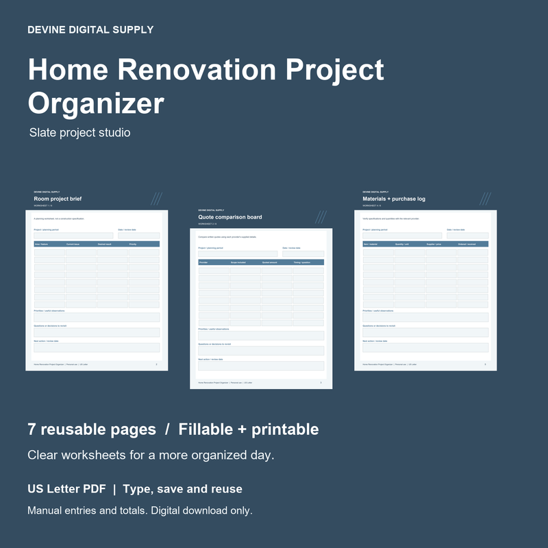 Home Renovation Project Organizer | Fillable PDF Kit cover with actual page previews