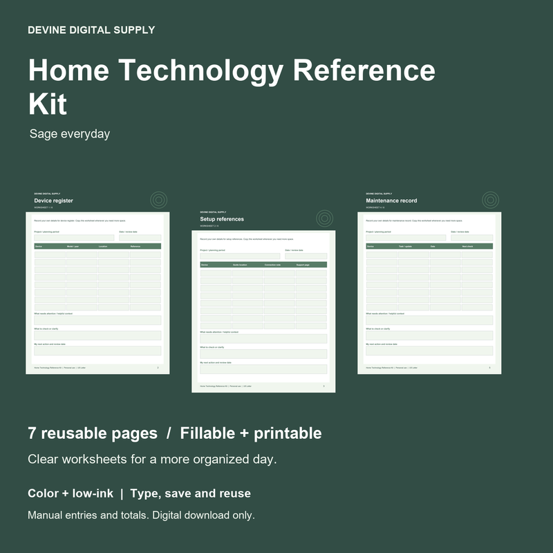 Home Technology Reference Kit | Fillable PDF + Low-Ink Kit cover with actual page previews