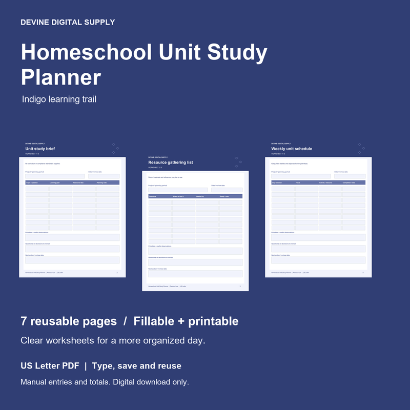 Homeschool Unit Study Planner | Fillable PDF Kit cover with actual page previews