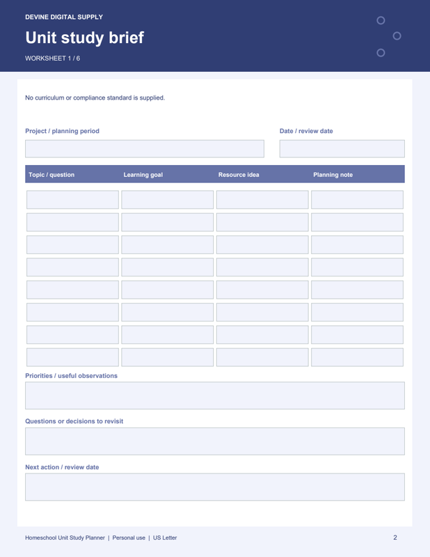 Homeschool Unit Study Planner | Fillable PDF Kit worksheet preview 1
