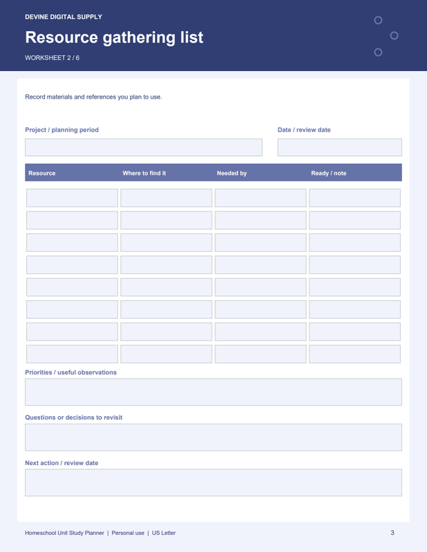 Homeschool Unit Study Planner | Fillable PDF Kit worksheet preview 2