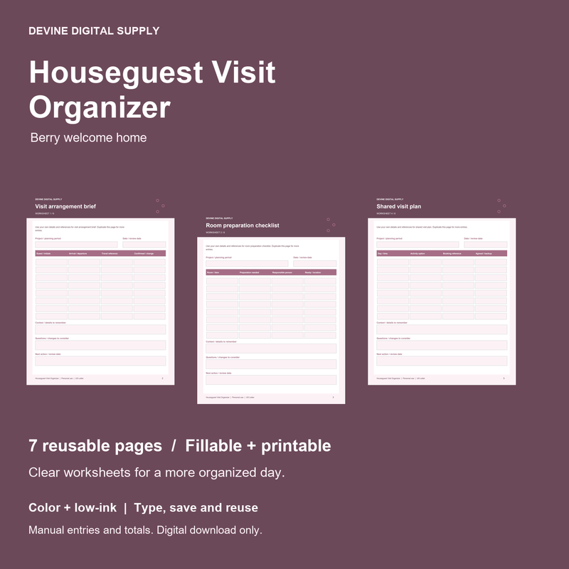 Houseguest Visit Organizer | Fillable PDF + Low-Ink Kit cover with actual page previews