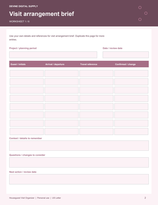 Houseguest Visit Organizer | Fillable PDF + Low-Ink Kit worksheet preview 1