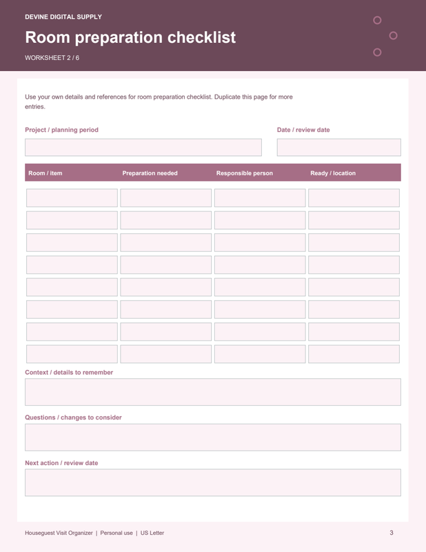 Houseguest Visit Organizer | Fillable PDF + Low-Ink Kit worksheet preview 2