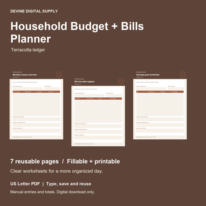 Household Budget + Bills Planner | Fillable PDF Kit cover with actual page previews