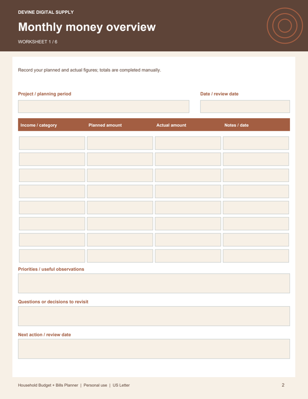 Household Budget + Bills Planner | Fillable PDF Kit worksheet preview 1