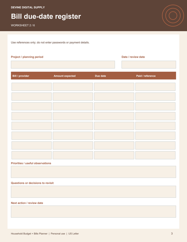 Household Budget + Bills Planner | Fillable PDF Kit worksheet preview 2