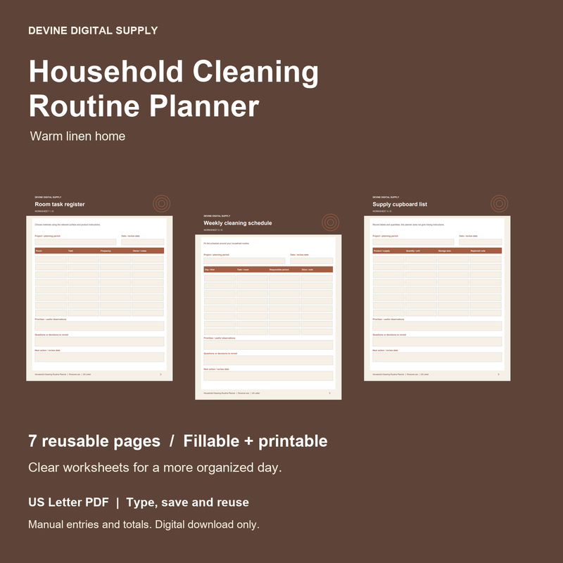 Household Cleaning Routine Planner | Fillable PDF Kit cover with actual page previews