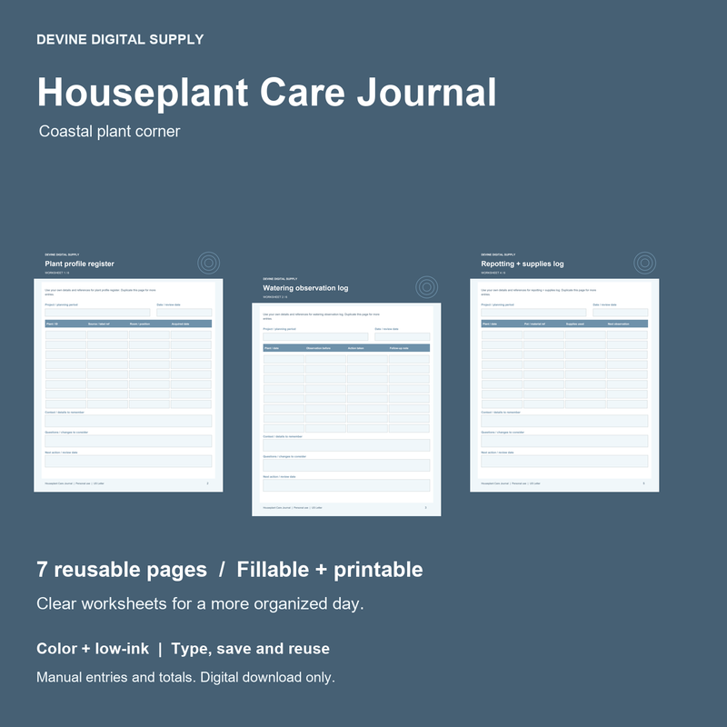 Houseplant Care Journal | Fillable PDF + Low-Ink Kit cover with actual page previews